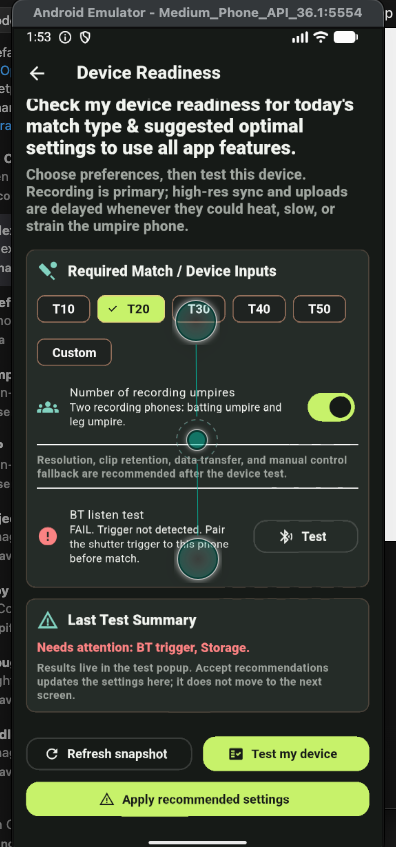 Device readiness screen
